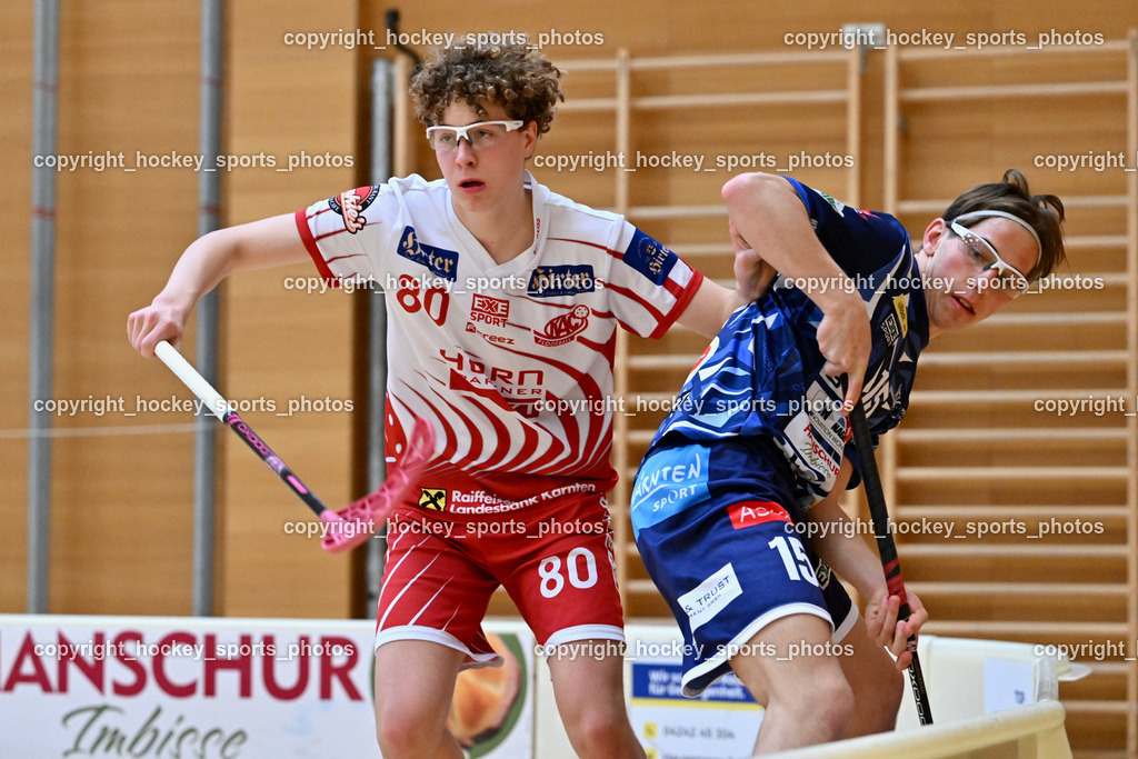 VSV Unihockye vs. KAC Floorball | #80 Lino Roth KAC Floorball, #15 Tristan Bogataj VSV Unihockey, VSV Unihockye vs. KAC Floorball, VSV Unihockye vs. KAC Floorball am 13.04.2025 in Villach (Ballspielhalle St. Martin), Austria, (Photo by Bernd Stefan)