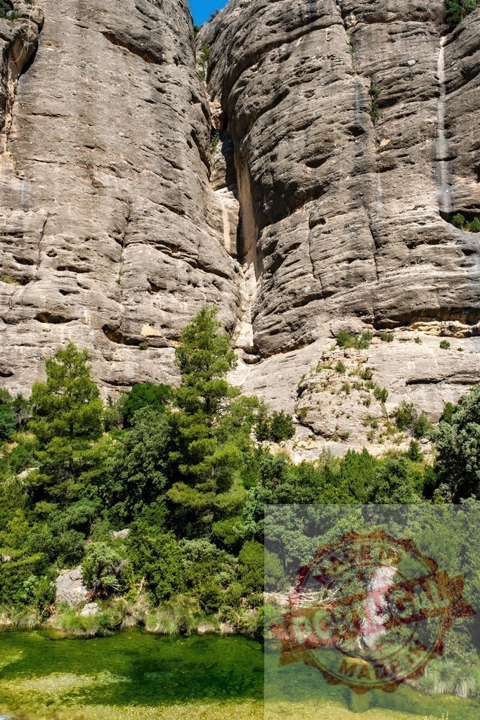Towering limestone cliffs rising above green forest and clear river | Green forest and clear river water at the base of a deep canyon with rugged cliffs - Realisiert mit Pictrs.com