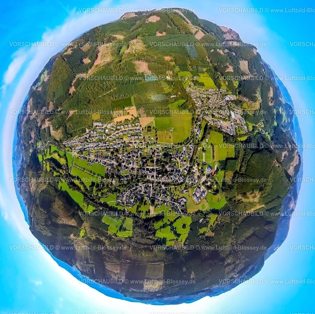 Lennestadt230990347Saalhausen | Luftbild, Ortsansicht Ortsteil Saalhausen, Erdkugel, Fisheye Aufnahme, Fischaugen Aufnahme, 360 Grad Aufnahme, tiny world, Saalhausen, Lennestadt, Sauerland, Nordrhein-Westfalen, Deutschland