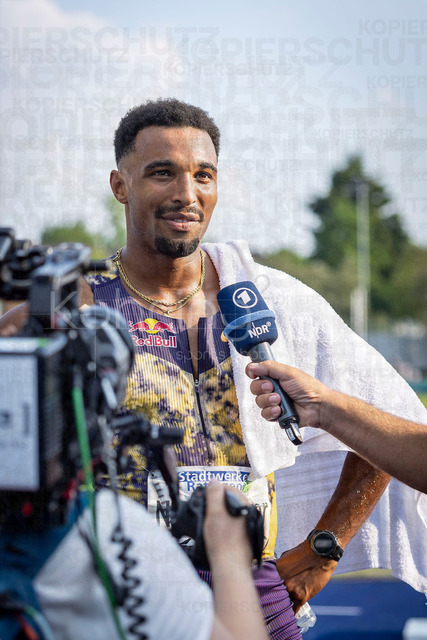 Multisport Event; Ratingen, 27.06.2026 | RATINGEN, GERMANY - JUNE 27, 2026 : Leo Neugebauer (GER / Germany) interviewed after the 400m during the Multisport Event at Stadion Ratingen on June 27, 2026 in Ratingen, Germany.