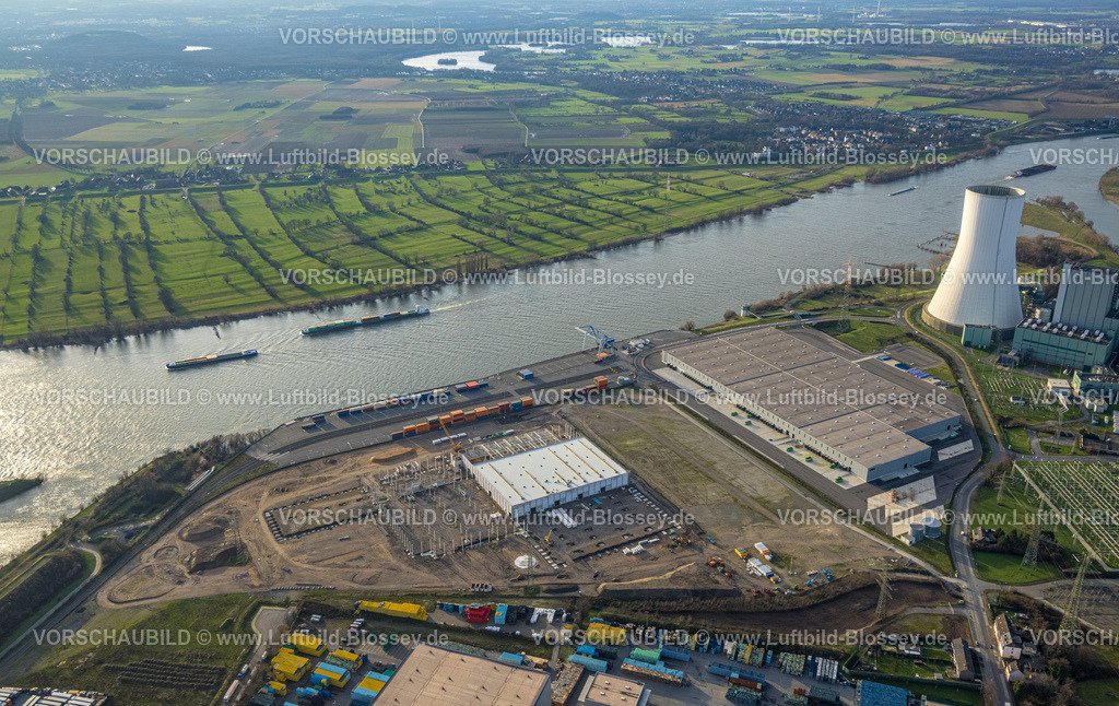 Duisburg230101143 | Luftbild, logport VI, Baustelle mit Neubau am STEAG Kraftwerk Walsum am Fluss Rhein, Alt-Walsum, Duisburg, Ruhrgebiet, Nordrhein-Westfalen, Deutschland