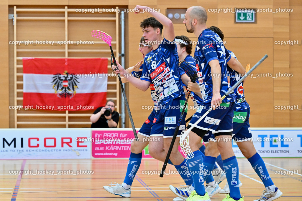 VSV Unihockey vs. Wiener Floorball Verein | #13 Jan Sláma VSV Unihockey, #60 Thomas Unterweger VSV Unihockey, VSV Unihockey vs. Wiener Floorball Verein, VSV Unihockey vs. Wiener Floorball Verein am 18.05.2025 in Villach (Ballspielhalle St. Martin), Austria, (Photo by Bernd Stefan)