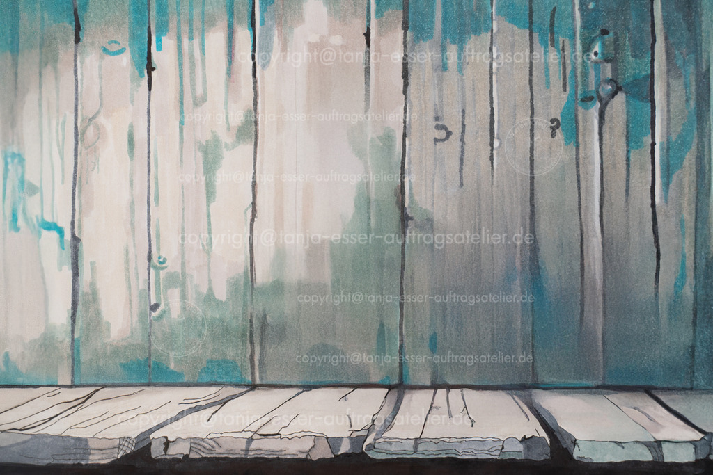 Filzstift Illustration leeres verwittertes Holzregal | Handgemalte Filzstift Illustration zeigt verwittertes Holzregal in grau mit Patina. Dekorativer Hintergrund für illustrierte Objekte. Copy Space.