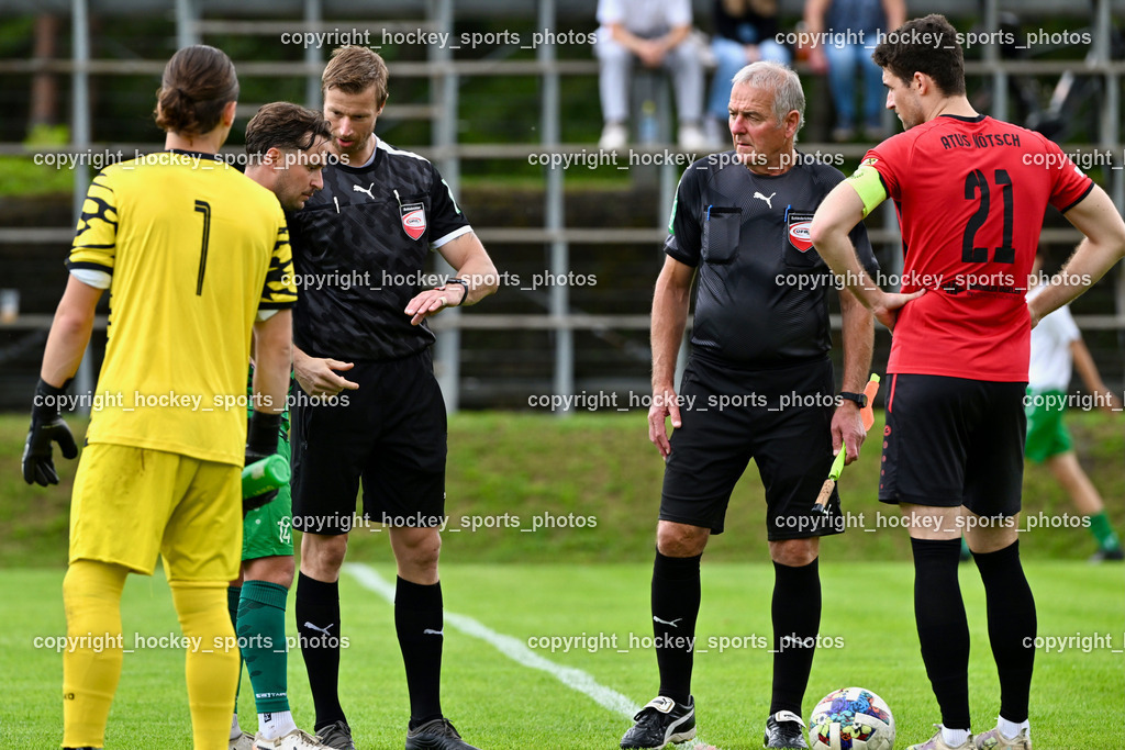 ATUS Nötsch vs. SC Landskron | #1 Aric Leon Haimburger SC Landskron, Orel Stephan Referee, Kandolf Josef Referee, #21 Nicolas Janschitz ATUS Nötsch, #14 Daniel Arneitz SC Landskron, ATUS Nötsch vs. SC Landskron, ATUS Nötsch vs. SC Landskron am 26.07.2025 in Nötsch (Dobratsch Arena), Austria, (Photo by Bernd Stefan)