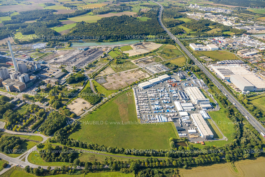 Hamm250900827 | Luftbild, Baustelle zwischen Geithe und Siegenbeckstraße, Rückbau am Hafen Baugebiet Geithe am Datteln-Hamm Kanal am RWE Kraftwerk Westfalen, Funke Kunststoffe GmbH Werk und angedachte Autobahn A2 Anschlussstelle Siegenbeckstraße, Uentrop, Hamm, Ruhrgebiet, Nordrhein-Westfalen, Deutschland