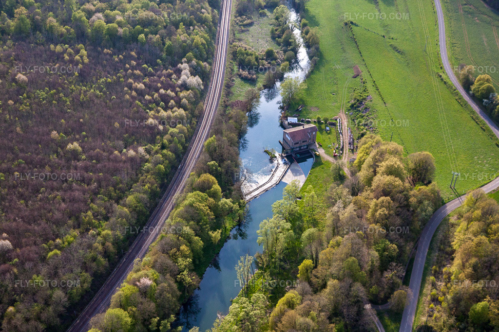 Aerial view: Watermill on the Chirs in Villette in the state Meurthe et Moselle, France. – Photo: IMG_39747.jpg taken on 04/16/2011 by Werner Riehm/FLY-FOTO.com – Resolution of the original: 4752 x 3168 px