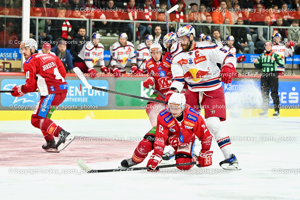 EC KAC vs. EC Red Bull Salzburb | #41 Jensen Aabo Jesper EC KAC, #12 Maier David EC KAC, #5 Raffl Thomas EC RED BULL SALZBURG,  EC KAC vs. EC Red Bull Salzburb, EC KAC vs. EC Red Bull Salzburb am 04.04.2025 in Klagenfurt (Heidi Horten Arena), Austria, (Photo by Bernd Stefan)