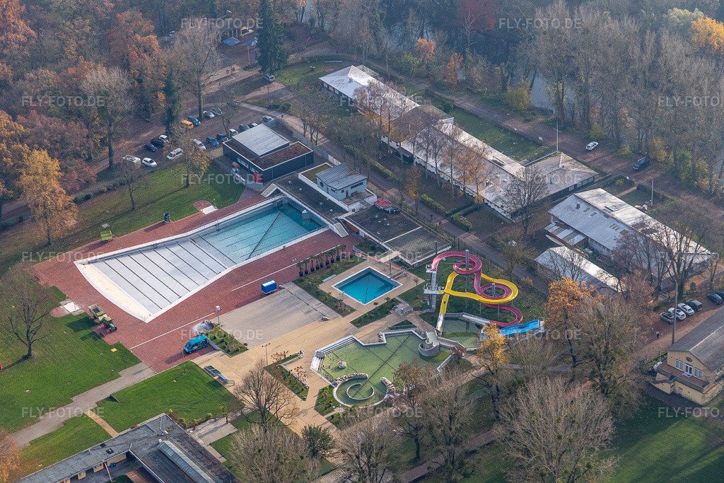 Luftbild: Rheinstrandbad Rappenwört im Ortsteil Daxlanden in Karlsruhe im Bundesland Baden-Württemberg in Deutschland. Foto: IMG_119828.jpg vom 24.11.2019 durch Werner Riehm/FLY-FOTO.de