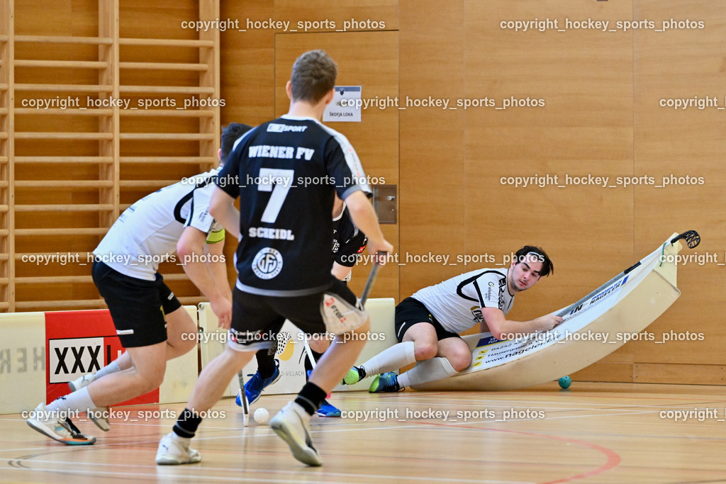 FBK Loka vs. Wiener Floorball Verein | #7 SCHEIDL Peter Wiener Floorballverein, #4 Maj Oman FBK Loka, FBK Loka vs. Wiener Floorball Verein, FBK Loka vs. Wiener Floorball Verein am 22.03.2025 in Villach (Ballspielhalle St. Martin), Austria, (Photo by Bernd Stefan)
