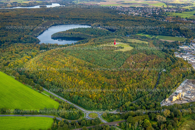 Moers241012909 | Luftbild, Halde Rheinpreußen Sehenswürdigkeit mit Landmarke Das Geleucht Grubenlampe, Waldsee im herbstlichen Wald, Rheinkamp-Meerbeck, Moers, Ruhrgebiet, Nordrhein-Westfalen, Deutschland