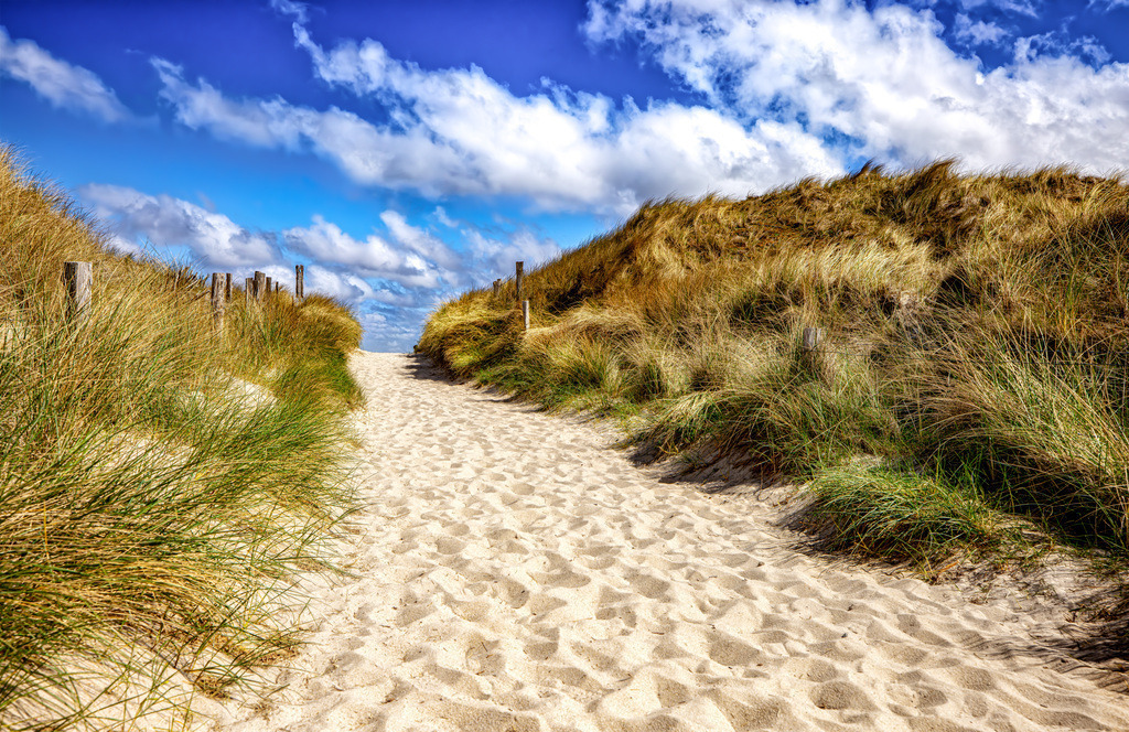 Malerischer Dünenweg durch Strandhafer-feinem Sand-Sylt II | Das Bild zeigt einen sandigen Dünenweg mit Strandhafer, der zum Strand führt.Die Szenerie ähnelt typischen Strandaufgängen an der deutschen Nord- oder Ostseeküste, wie etwa auf Sylt oder in Sankt Peter-Ording.Die Aufnahme zeigt eine sonnige Wetterlage mit blauem Himmel und weißen Wolken über der Dünenlandschaft. - Realisiert mit Pictrs.com