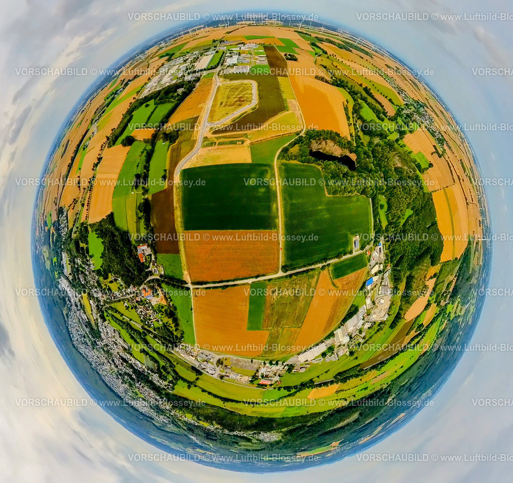 Warstein240790080GewerbegebietBelecke | Luftbild, kachelförmige Strukturen Wiesen und Felder, Gewerbegebiet Industriepark Belecke, Erdkugel, Fisheye Aufnahme, Fischaugen Aufnahme, 360 Grad Aufnahme, tiny world, little planet, fisheye Bild, Belecke, Warstein, Soester Börde, Nordrhein-Westfalen, Deutschland