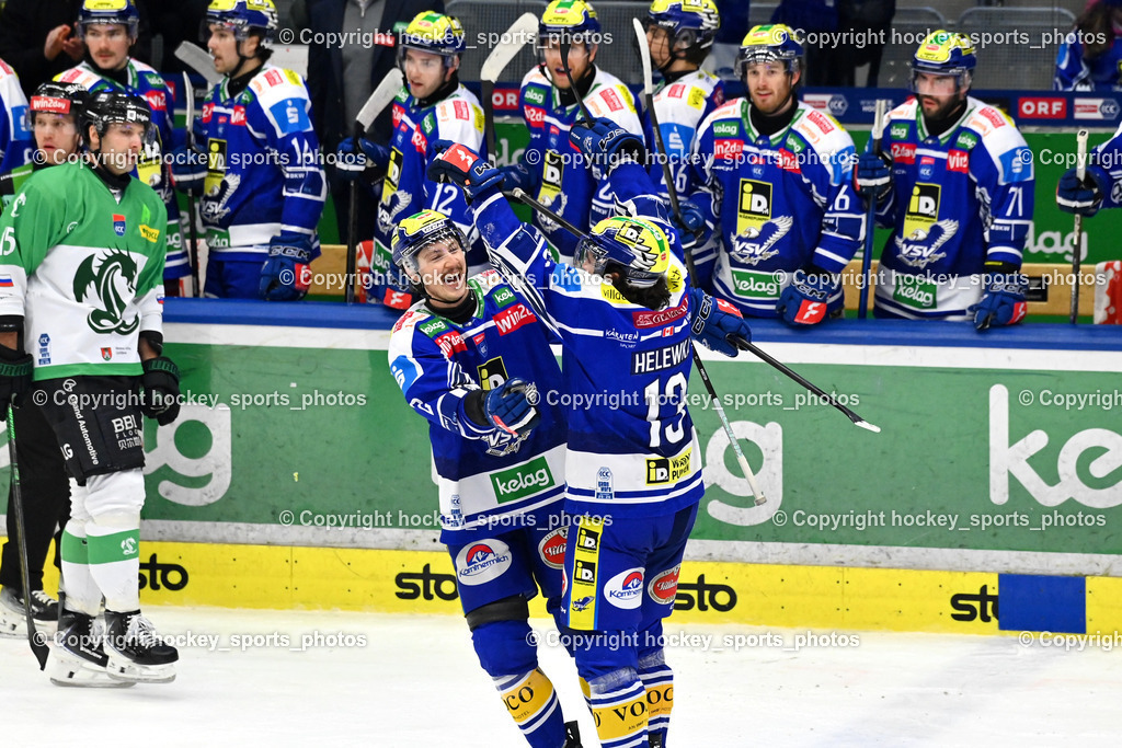 C IDM Wärmepumpen VSV vs. Olimpija Ljubljana | Jubel #13 Adam Helewka EC VSV, #2 Dylan MacPherson EC VSV, C IDM Wärmepumpen VSV vs. Olimpija Ljubljana, EC IDM Wärmepumpen VSV vs. Olimpija Ljubljana am 01.02.2026 in Villach (Stadthalle Villach), Austria, (Photo by Bernd Stefan)