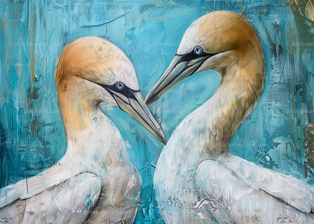 Pair Of Gannet Birds | This graceful depiction of two gannet birds touching beaks is a beautiful celebration of wildlife. With a calming blue background and detailed textures, it’s perfect for bringing a sense of peace and connection to your space. - Realisiert mit Pictrs.com