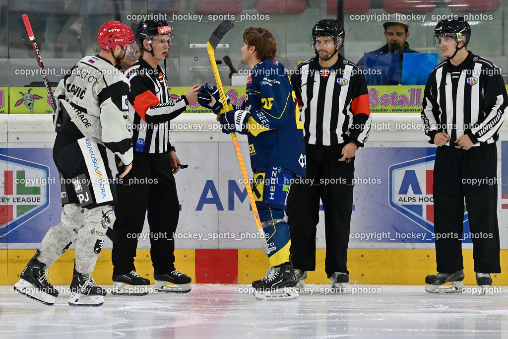 EK Zeller Eisbären vs. HDD Jesenice 1.10.2022 | HUBER Andreas, MILOVANOVIC Jakob, KANYO Tamas, Referees, #47 Glavic Gasper, #25 Berger Hubert