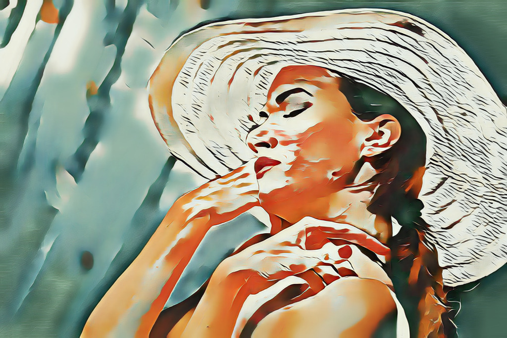 "Under the Brim" | A moment of summer confidence, shaped by bold contrasts and flowing painterly forms. The wide-brimmed hat frames the face while warm skin tones meet cool, muted greens, creating a striking balance between elegance and graphic abstraction. Closed eyes and expressive hands give the composition a sense of ease and self-assurance — a portrait suspended somewhere between fashion, memory and the warmth of a sunlit afternoon. - Realisiert mit Pictrs.com