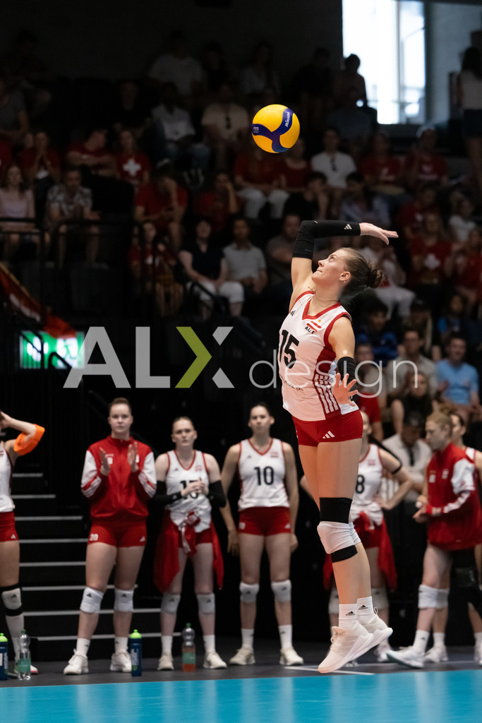 Austria v Switzerland - CEV European League Women | KRIENS, SWITZERLAND - JUNE 14: MARIE KRISTIN BRUCKNER of Austria serve during the CEV European League match between Austria and Switzerland at Pilatus Arena on June 14, 2026 in Kriens, Switzerland. - Realisiert mit Pictrs.com