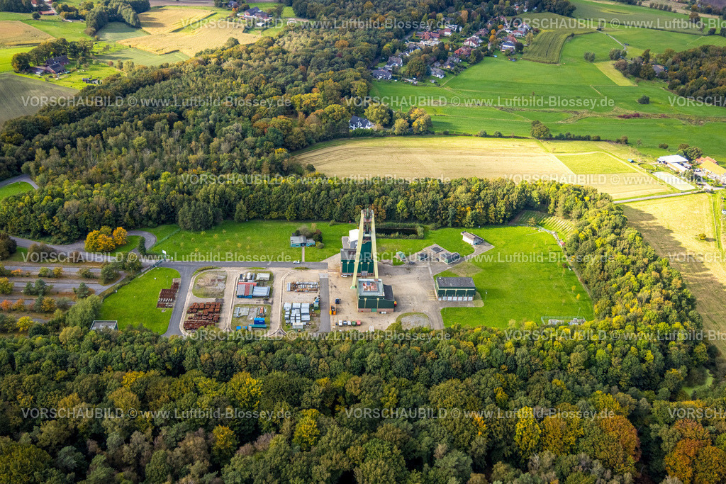 Huenxe241009712 | Luftbild, Schacht Hünxe der Zeche Lohberg mit Förderturm, herbstliche Bäume, Hünxe, Ruhrgebiet, Nordrhein-Westfalen, Deutschland