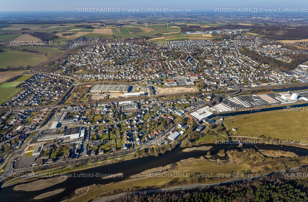 Wickede250305692 | Luftbild, Fluss Ruhr und Ortsansicht Wohngebiet Wickede, Echthausen, Wickede, Soester Börde, Nordrhein-Westfalen, Deutschland