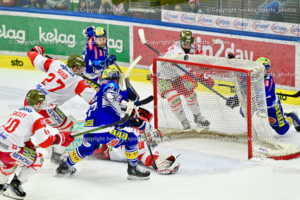 EC IDM WÄRMEPUMPEN VSV vs. HC Bozen | #10 Gazley Dustin Dean HC Bozen, #77 LINDNER Philipp EC VSV, #27 Seed Jason Dean HC Bozen, #38 Harvey Sam Dean HC Bozen, #74 COATTA Max EC VSV, #26 VAN NES Guus EC VSV, EC IDM WÄRMEPUMPEN VSV vs. HC Bozen, EC IDM WÄRMEPUMPEN VSV vs. HC Bozen am 14.03.2025 in Villach (Stadthalle Villach), Austria, (Photo by Bernd Stefan)