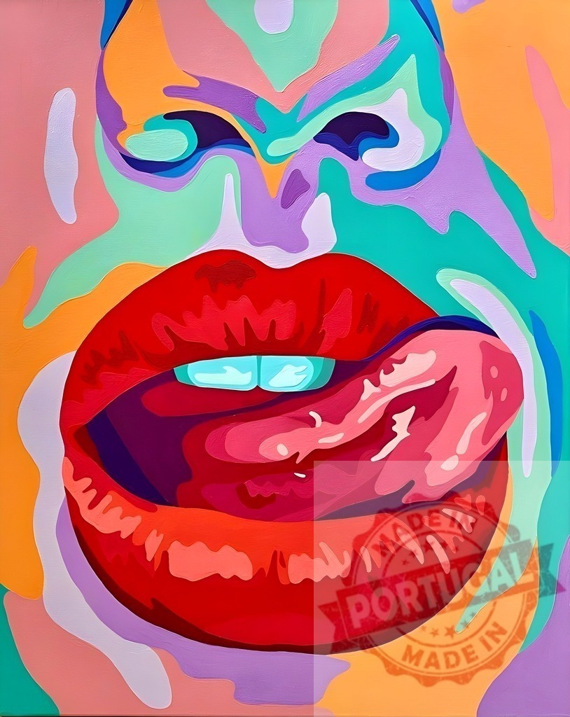 Pop art woman face licking bright red lips | Woman's abstract pop art face with tongue licking vibrant red lips, showing sensual expression - Realized with Pictrs.com