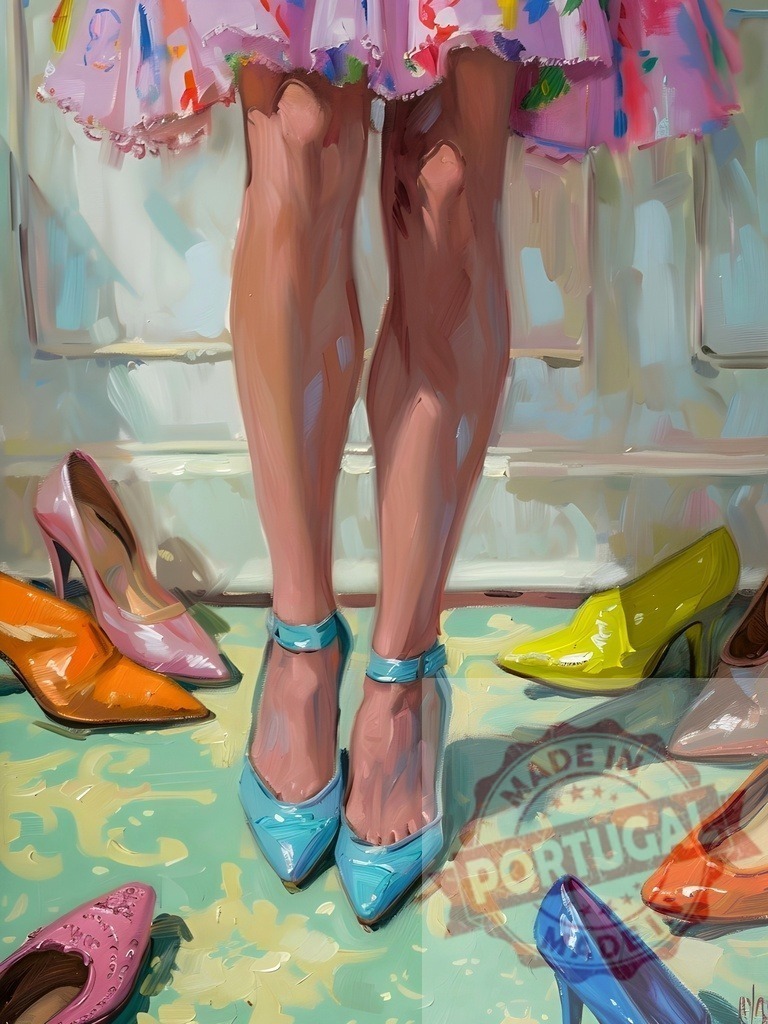 Woman wearing light blue high heels and colorful summer dress choosing shoes | Woman wearing light blue high heels and colorful summer dress choosing next pair of shoes from her collection - Realisiert mit Pictrs.com
