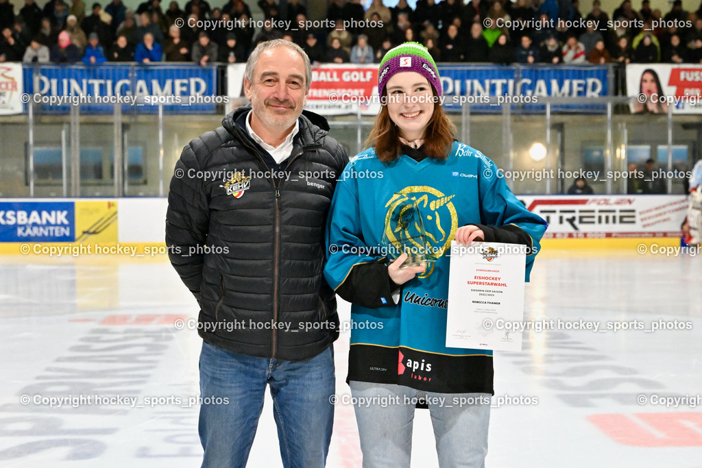  ESC Steindorf vs. EHC Althofen 2.3.2023 | Ehrung KEHV Superstar Wahl 2022/23, KEHV Schiedsrichter Referent Michael Baumann, Rebecca Thamer