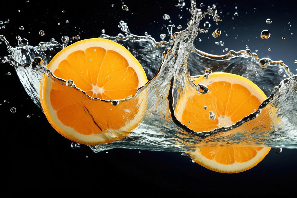 2401013 - Orangen Splash | Orangenscheiben, die in Wasser eintauchen, im Stil einer Fotografie.