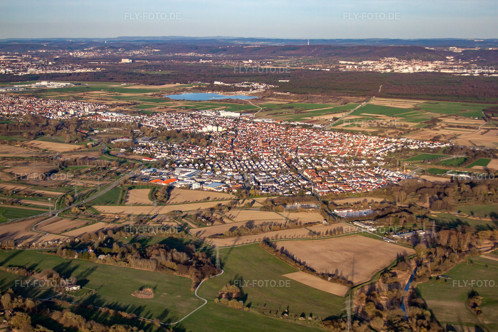 Luftbild: Ortsansicht von Südwesten im Ortsteil Mörsch in Rheinstetten im Bundesland Baden-Württemberg in Deutschland. Foto: IMG_56497.jpg vom 14.04.2013 durch Werner Riehm/FLY-FOTO.de