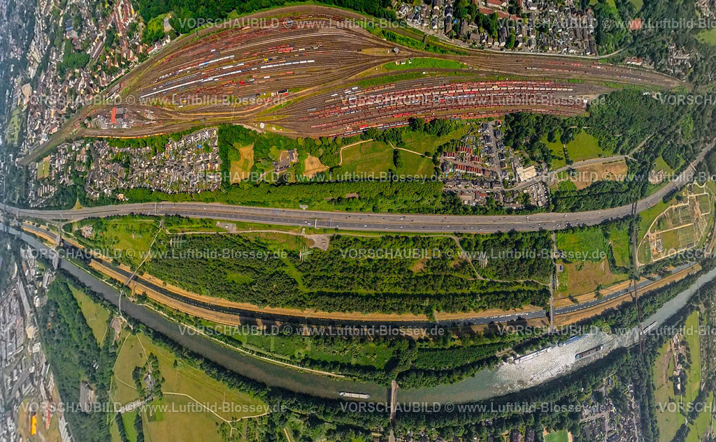 Oberhausen250590301GueterbahnhofOsterfeld | Luftbild, Deutsche Bahn AG Güterbahnhof Osterfeld, Autobahn A42 und Burg Vondern am Fluss Emscher und Rhein-Herne-Kanal, Erdkugel, Fisheye Aufnahme, Fischaugen Aufnahme, 360 Grad Aufnahme, tiny world, little planet, fisheye Bild, Vondern, Oberhausen, Ruhrgebiet, Nordrhein-Westfalen, Deutschland