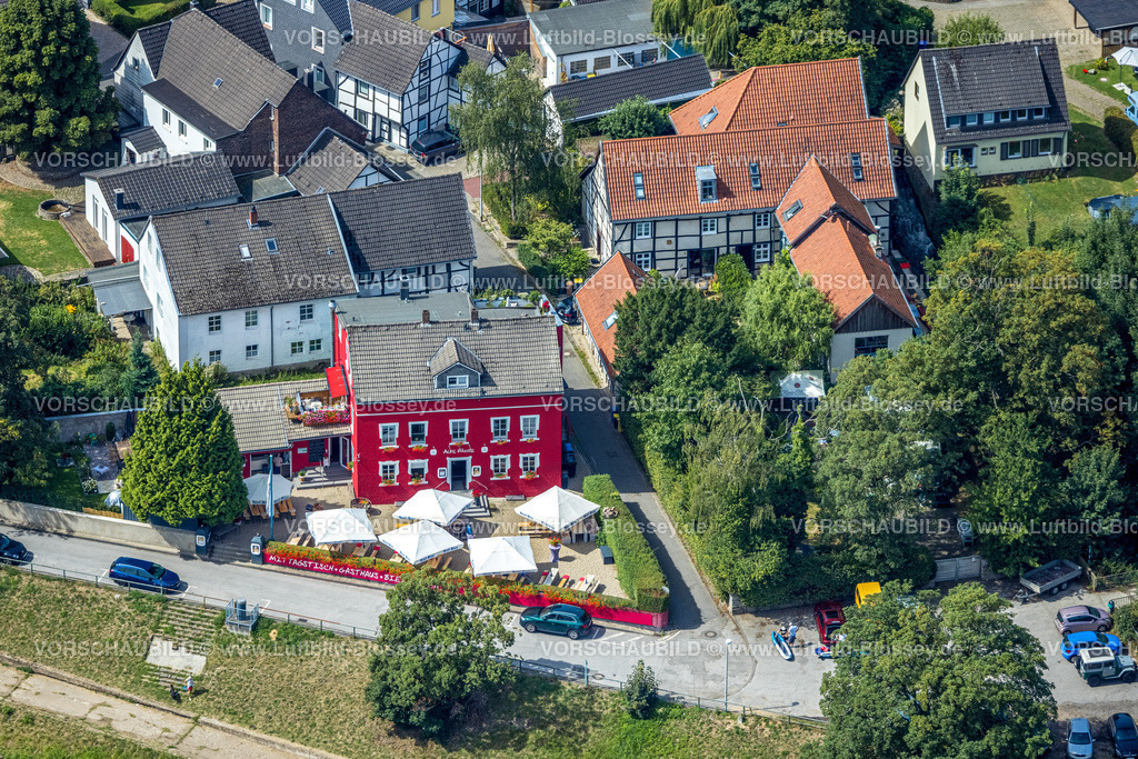 Essen220802867Kettwig | Luftbild, Gasthaus Alte Fähre, rote Fassade, Kettwig, Essen, Ruhrgebiet, Nordrhein-Westfalen, Deutschland
