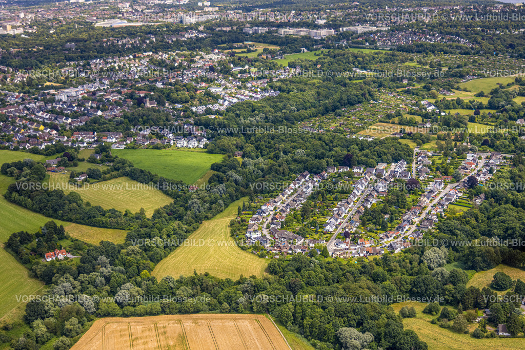 Muelheim240702547 | Luftbild, halbkreisförmige Wohnsiedlung Am Ruhmbach, links Wohngebiet Haarzopf, Wiesen und Wald, Haarzopf, Essen, Ruhrgebiet, Nordrhein-Westfalen, Deutschland