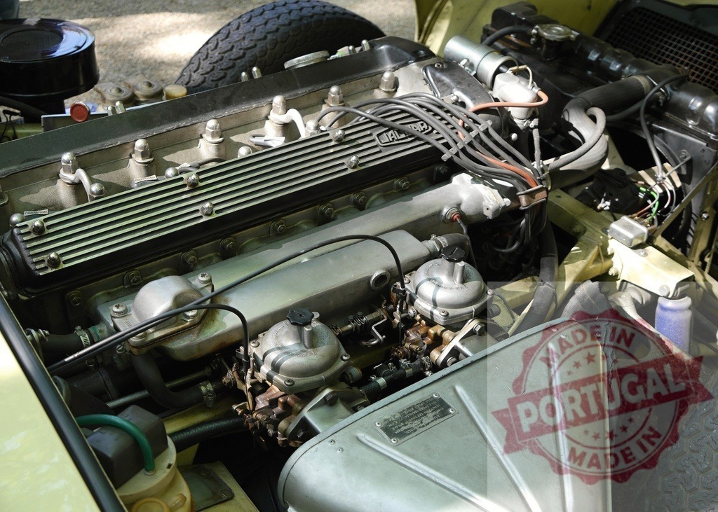 Jaguar E-Type engine detailed view with carburetors | Classic Jaguar XK engine bay showing the mechanical components and wiring - Realized with Pictrs.com