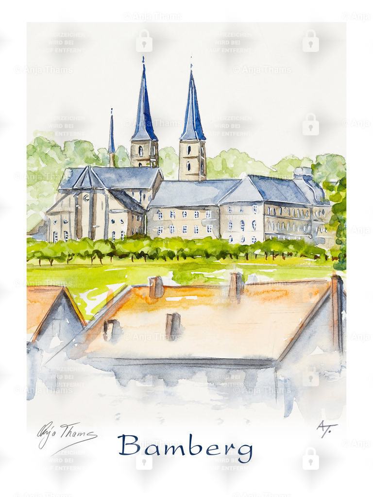 Bamberg - Kloster St. Michael | Stadtposter - Städteposter - Einzigartige Poster von vielen deutschen Städten und Sehenswürdigkeiten. Im stylischen Aquarell-Design von Anja Thams, mit Stadtplan im Hintergrund. Als Wandbild, Poster und Fine-Art. - Realisiert mit Pictrs.com