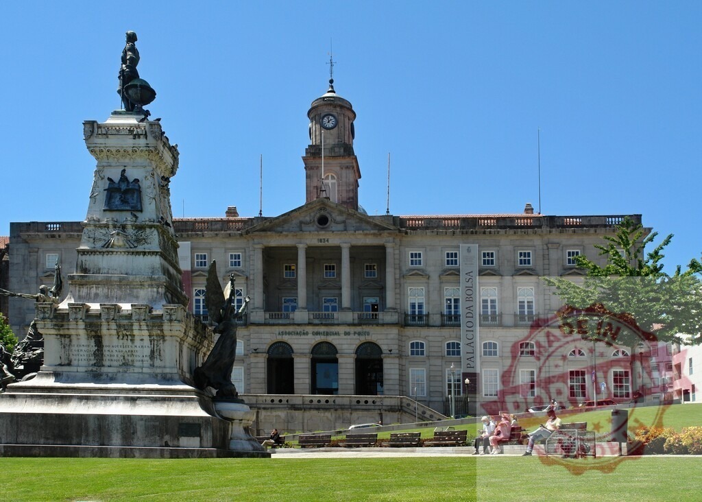 Palacio da Bolsa and Henry the Navigator statue in Porto. Porto - Portugal | Historic Neoclassical Palacio da Bolsa building with Henry the Navigator monument and green park - Realized with Pictrs.com