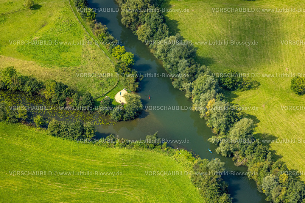 Hamm230900450 | Luftbild, Kleiner Sandstrand mit Bauwagen am Fluss Lippe und Kanufahrer, Uentrop, Hamm, Ruhrgebiet, Nordrhein-Westfalen, Deutschland