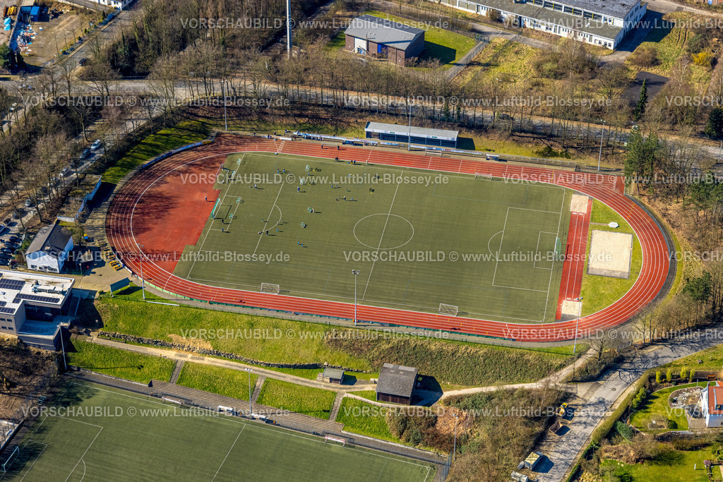 Heiligenhaus240302066 | Luftbild, Fußballstadion und LeichtathletikStadion Am Sportfeld, SSVg 09/12 Heiligenhaus e. V., Isenbügel, Heiligenhaus, Ruhrgebiet, Nordrhein-Westfalen, Deutschland