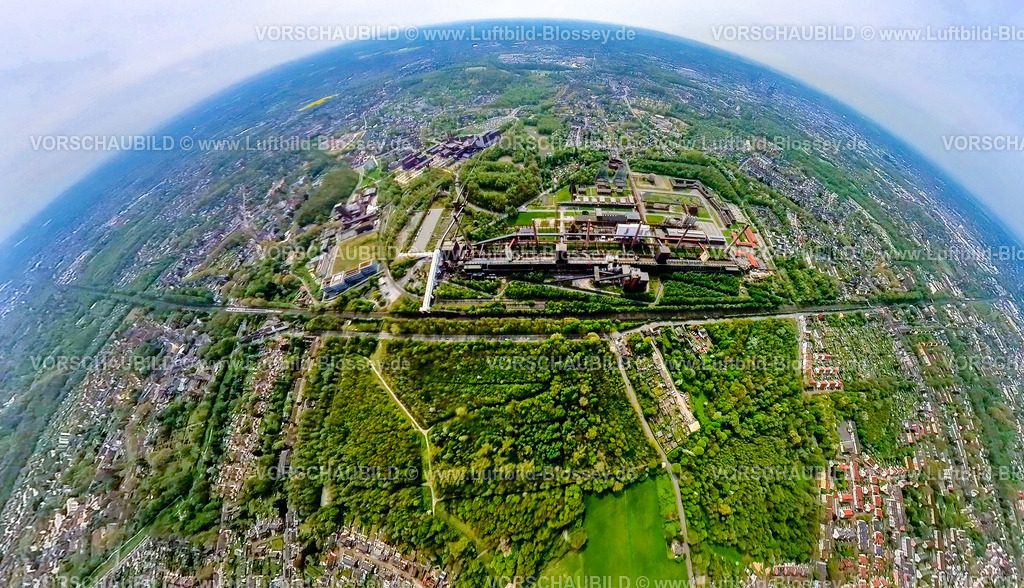 Essen240490046KokereiZecheZollverein | Luftbild, UNESCO-Welterbe Zollverein, Zeche Zollverein und Kokerei, Erdkugel, Fisheye Aufnahme, Fischaugen Aufnahme, 360 Grad Aufnahme, tiny world, little planet, fisheye Bild, Stoppenberg, Essen, Ruhrgebiet, Nordrhein-Westfalen, Deutschland