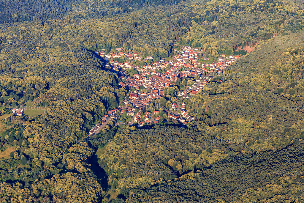 Luftbild: Dorf versteckt im Pfälzerwald aus Osten in Dörrenbach im Bundesland Rheinland-Pfalz in Deutschland. Foto: IMG_007797.jpg vom 21.06.2020 durch Werner Riehm/FLY-FOTO.de