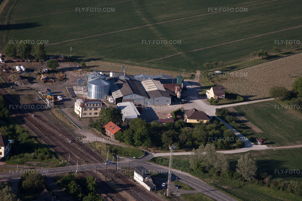 Aerial view: Railroad station in Lauterbourg in the state Bas-Rhin, France.Photo: IMG_66576.jpg taken on 06/05/2014 by Werner Riehm/FLY-FOTO.comResolution of the original: 4752 x 3168 px