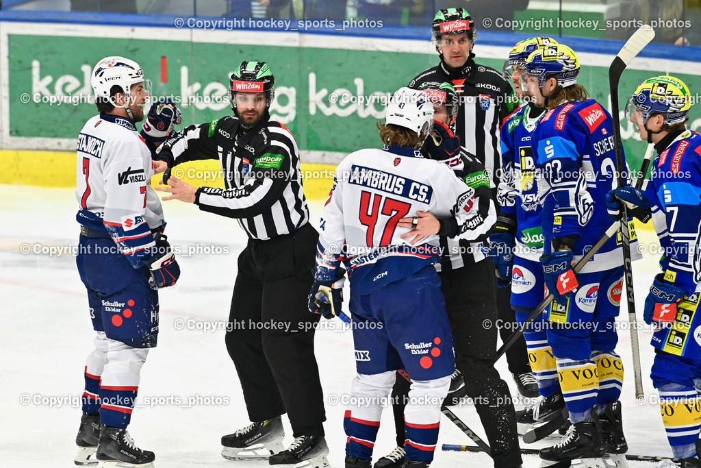 EC IDM Wärmepumpen VSV vs. Hydro Fehervar AV19  | #7 Stajnoch Martin HYDRO FEHERVAR, Vaczi David Referee, #47 Ambrus Csongor HYDRO FEHERVAR, Nagy Attila Referee, #22 SCHERBAK Nikita EC VSV, #77 LINDNER Philipp EC VSV, EC IDM Wärmepumpen VSV vs. Hydro Fehervar AV19 , EC IDM Wärmepumpen VSV vs. Hydro Fehervar AV19  am 01.01.2025 in Villach (Stadthalle Villach), Austria, (Photo by Bernd Stefan)