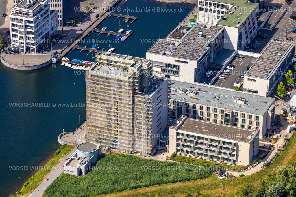Dortmund220704701 | Luftbild, Phoenix-See, Baustelle für den Neubau der Comunita Residenz Phoenix See, Seniorenwohnheim Hochhaus H12, Hafen und Segelboote, Hörde, Dortmund, Ruhrgebiet, Nordrhein-Westfalen, Deutschland
