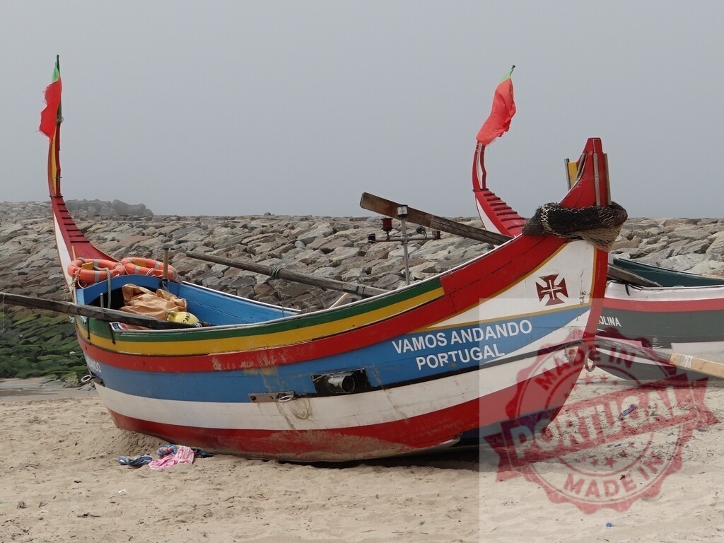 Traditional Portuguese fishing boat on sandy beach | Colorful Xávega boat resting on sand, displaying Portuguese flag colors and inscription - Realized with Pictrs.com