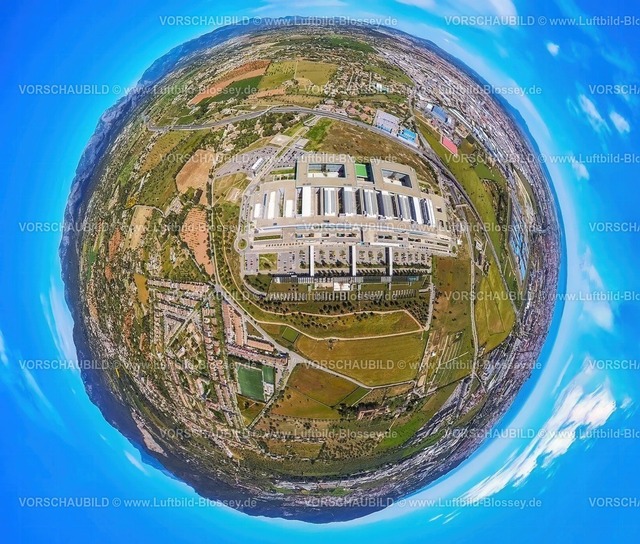 Mallorca230400350Insta002Universidad | Luftbild, Hospital Universitari Son Espases, Universitätsklinikum, Erdkugel, Fisheye Aufnahme, Fischaugen Aufnahme, 360 Grad Aufnahme, Palma, Balearen, Mallorca, Balearische Inseln, Spanien