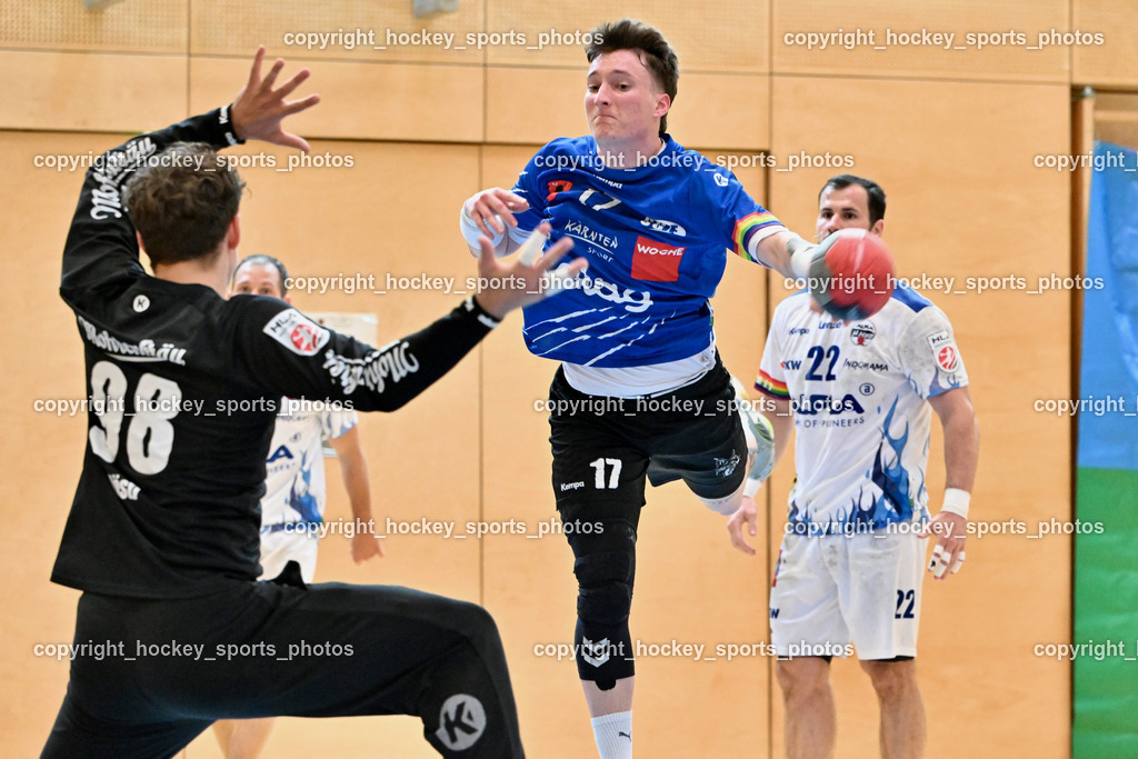 SC Ferlach vs. ALPA HC Hard | #98 MÖSTL Constantin HC Hard, #17 PAVLOV Hari SC Ferlach, #22 BABIC Dejan HC Hard, SC Ferlach vs. ALPA HC Hard, SC Ferlach vs. ALPA HC Hard am 30.04.2024 in Ferlach (Ballspielhalle Ferlach), Austria, (Photo by Bernd Stefan)