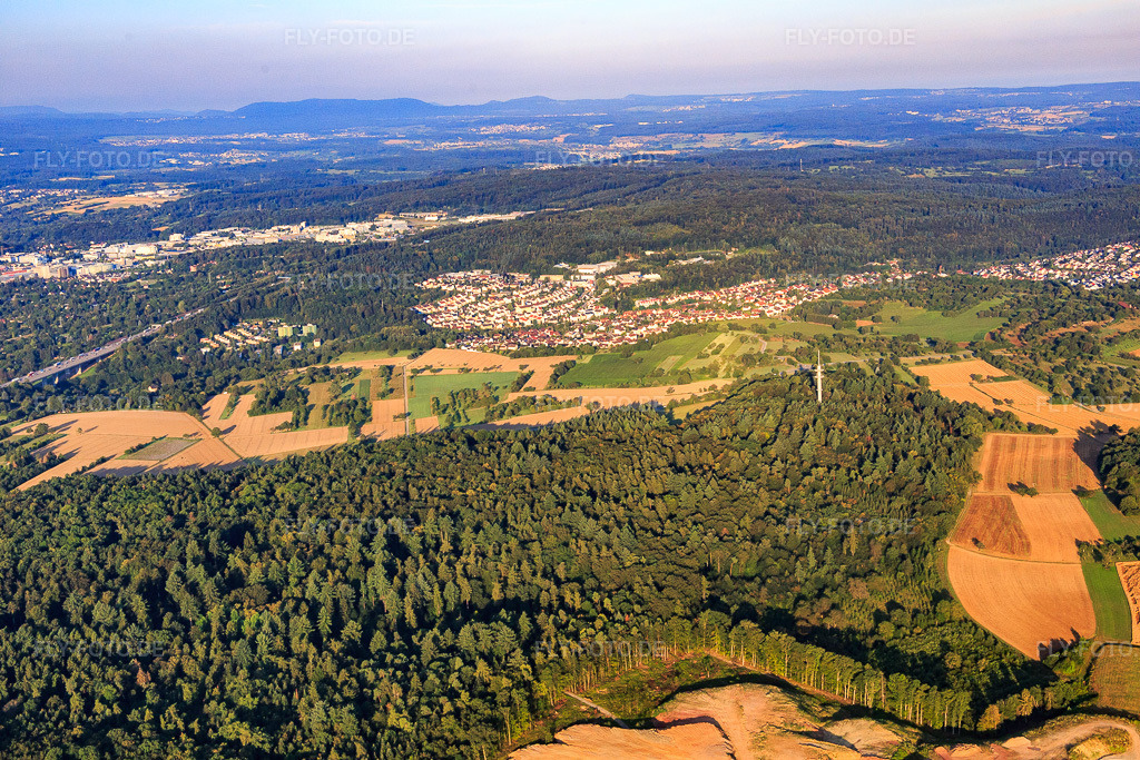 Luftbild: Ortsansicht hinterm Fernmeldeturm aus Osten in Ispringen im Bundesland Baden-Württemberg in Deutschland. Foto: IMG_092277.jpg vom 01.08.2016 durch Werner Riehm/FLY-FOTO.de