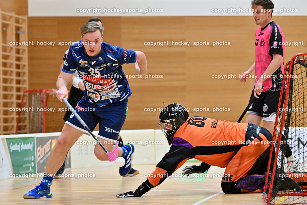 VSV Unihockey vs. Wiener Floorball Verein | #25 Jan Blazic VSV Unihockey, #80 BEZUCHA Bernhard Wiener Floorballverein, #13 HÄHNIG Vincent Wiener Floorballverein, VSV Unihockey vs. Wiener Floorball Verein, VSV Unihockey vs. Wiener Floorball Verein am 18.05.2025 in Villach (Ballspielhalle St. Martin), Austria, (Photo by Bernd Stefan)