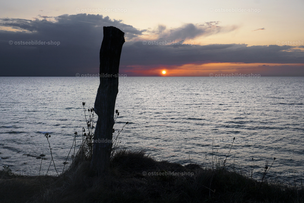Steiluferblick in den Sonnenuntergang | Ein Zaunpfahl steht nach mehreren Abbrüchen plötzlich dicht an der Steiluferkante und genießt einen tollen Blick auf den Sonnenuntergang.