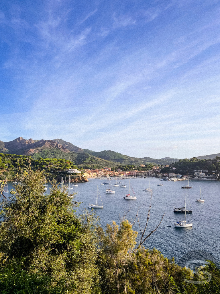 Maritime Morgenruhe: Hafen von Porto Azzurro auf Elba – Wandbild | Blick von einer Anhöhe durch grüne Sträucher auf die Bucht von Porto Azzurro auf Elba; zahlreiche Segelboote ankern im ruhigen Wasser unter einem hellblauen Morgenfilm mit Schleierwolken. - Realisiert mit Pictrs.com