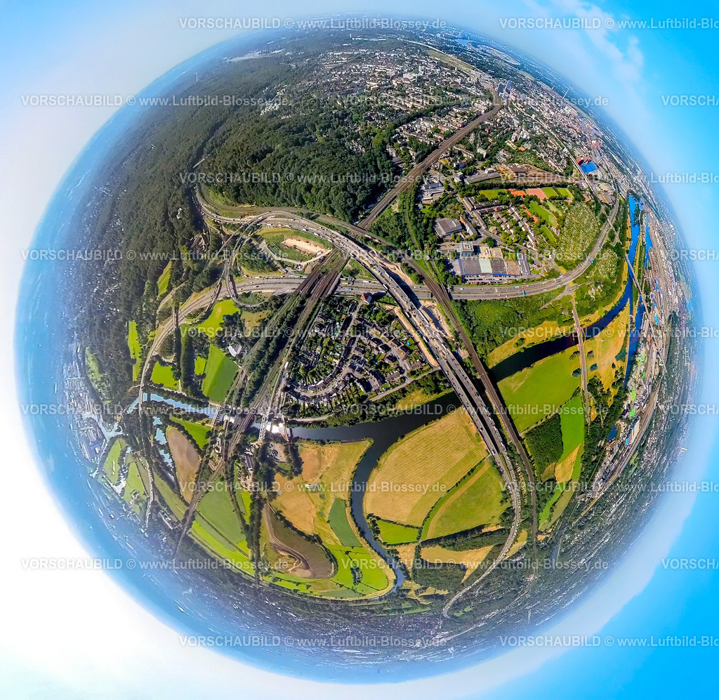 Duisburg230790164_Kreuz Kaiserberg | Luftbild, Autobahnkreuz Kaiserberg, Autobahn A3 und Autobahn A40, Fluss Ruhr, Erdkugel, Fisheye Aufnahme, Fischaugen Aufnahme, 360 Grad Aufnahme, tiny world, Duissern, Duisburg, Ruhrgebiet, Nordrhein-Westfalen, Deutschland